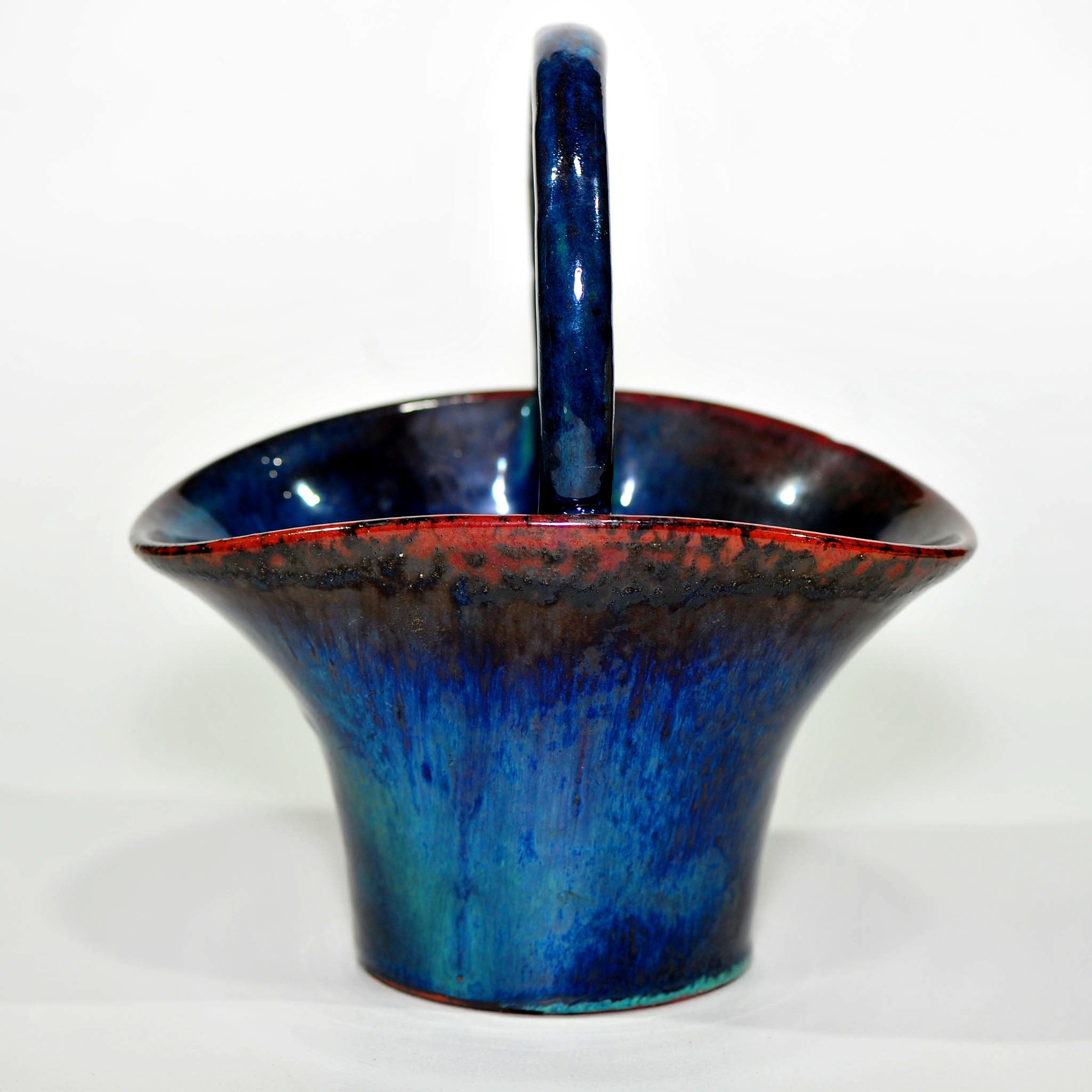 Globe Pottery Basket Vase — Rare Dark Blue Glaze