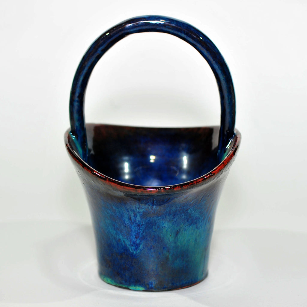 Globe Pottery Basket Vase — Rare Dark Blue Glaze