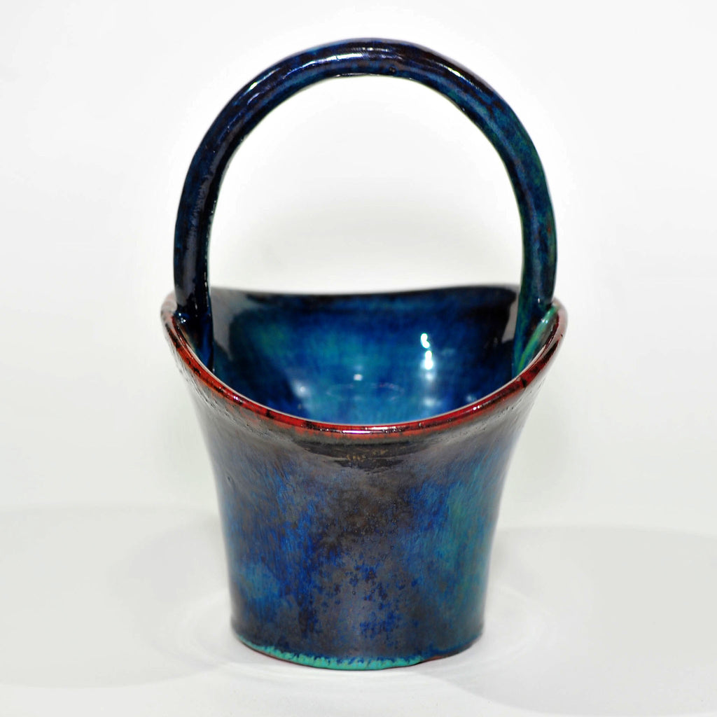 Globe Pottery Basket Vase — Rare Dark Blue Glaze