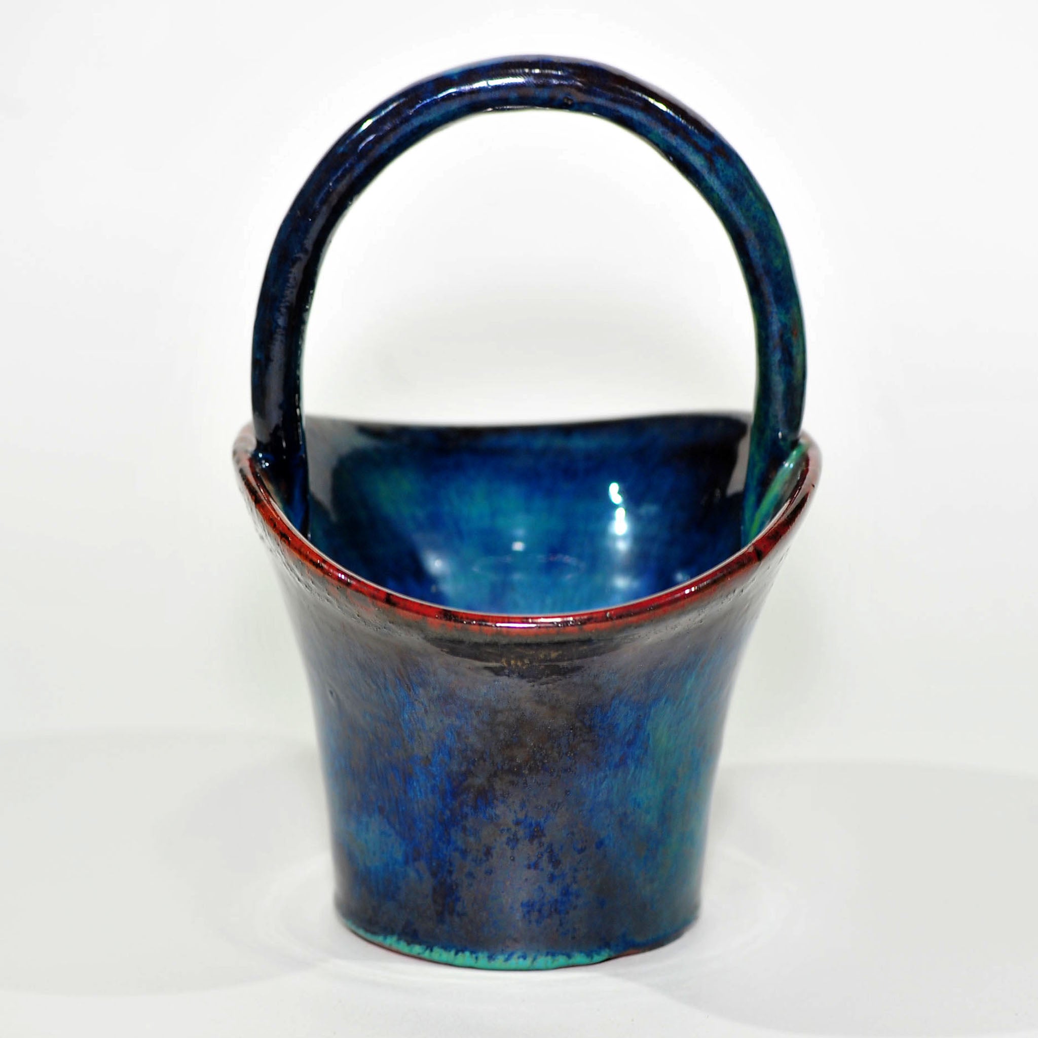 Globe Pottery Basket Vase — Rare Dark Blue Glaze