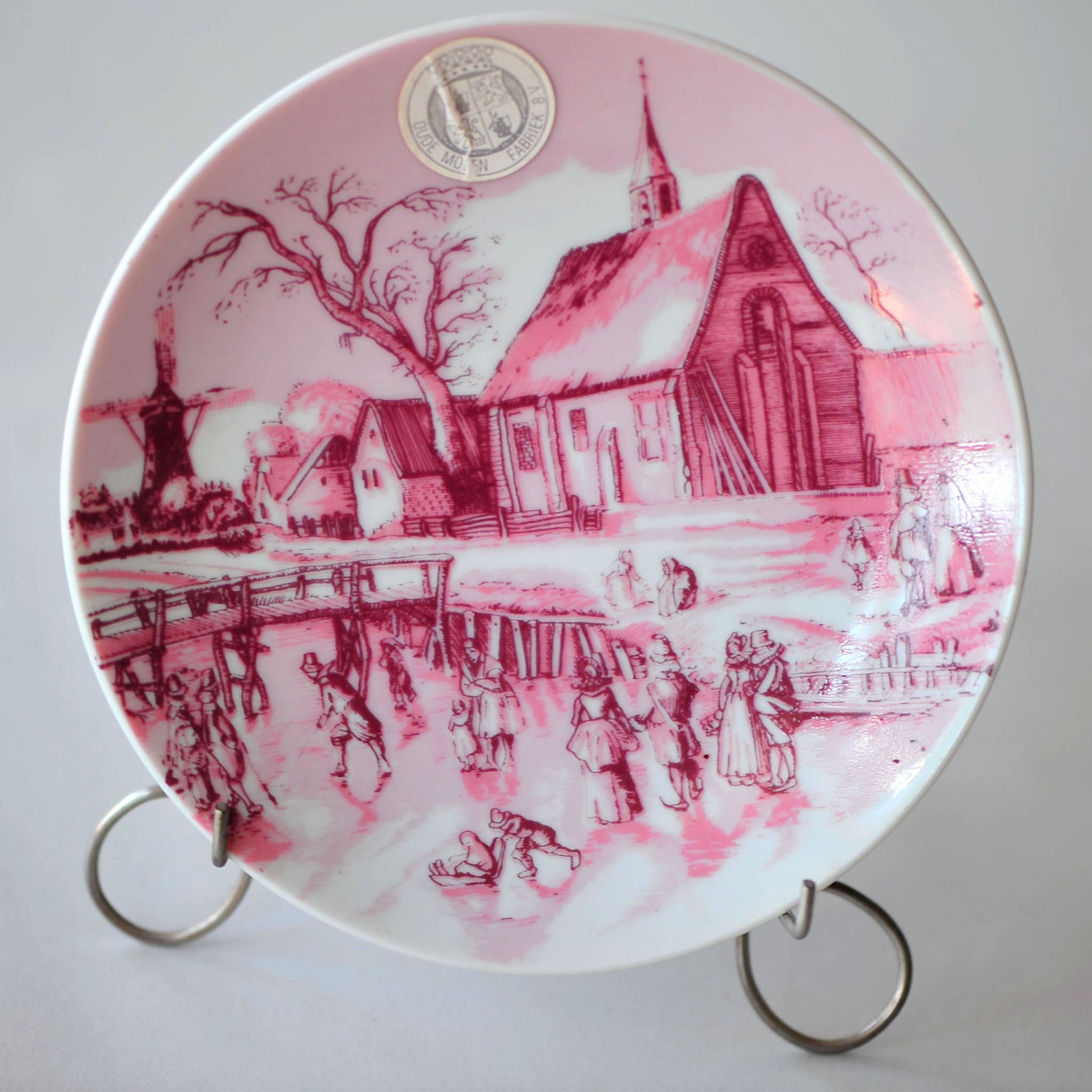Pink Delft Village Scene Plates (Set of 3)