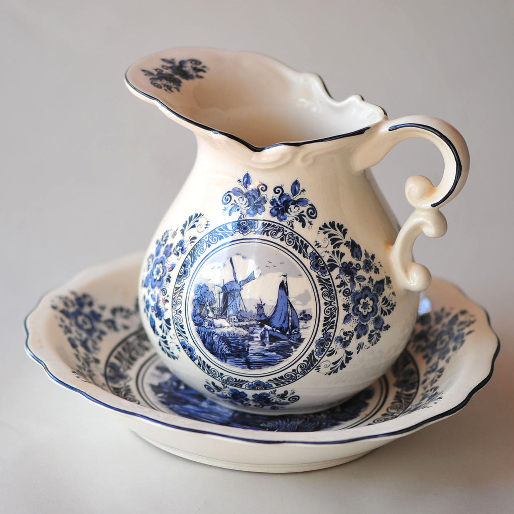 Delft Blue Jug & Basin Set — Windmill Scene