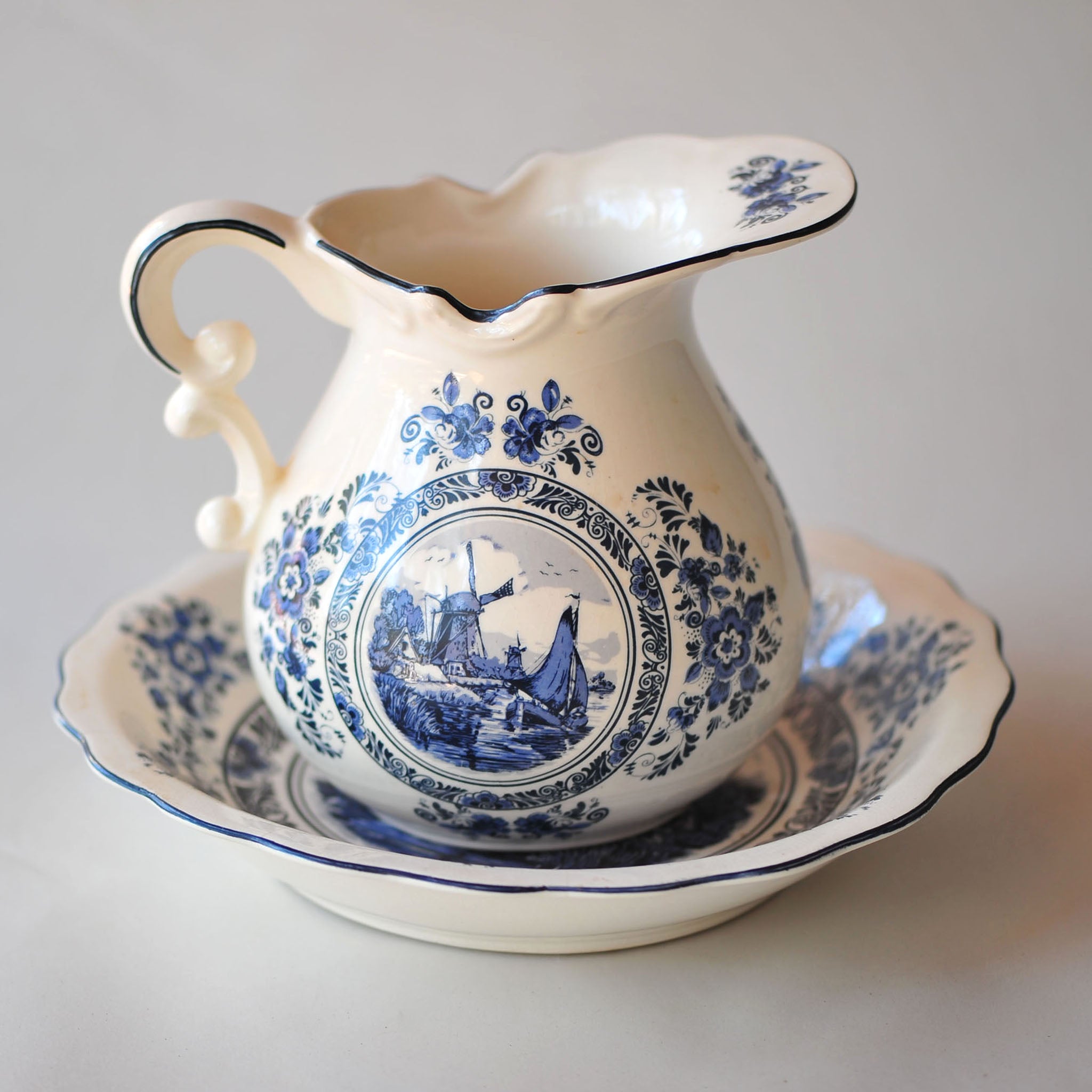 Delft Blue Jug & Basin Set — Windmill Scene