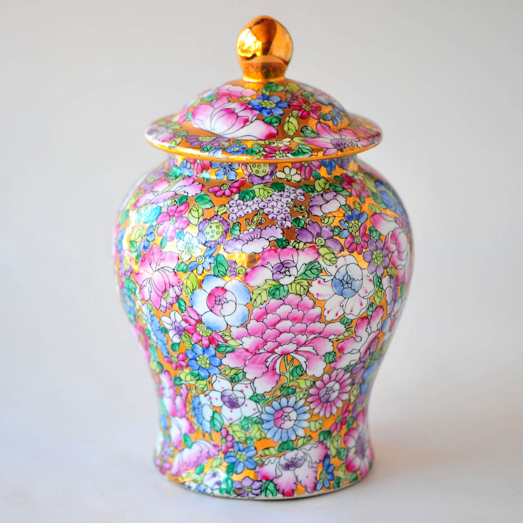 Mille Fleur Lidded Ginger Jar — Gilt Accents