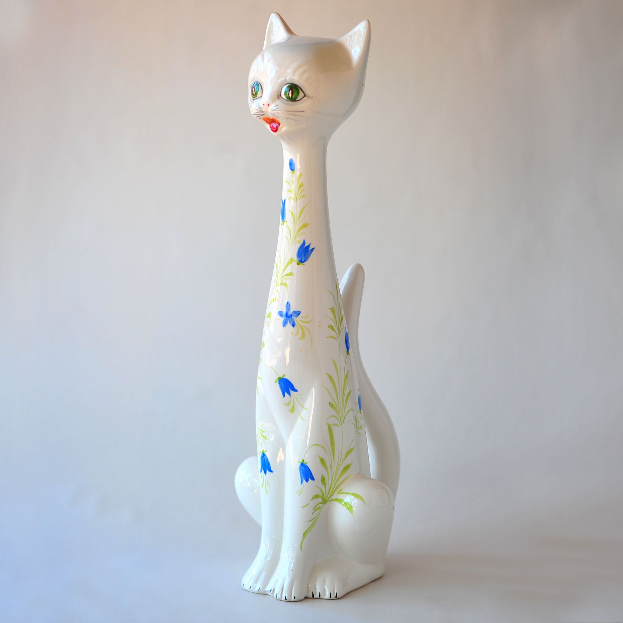 Tall Ceramic Cat Figurine — Bluebell Motif