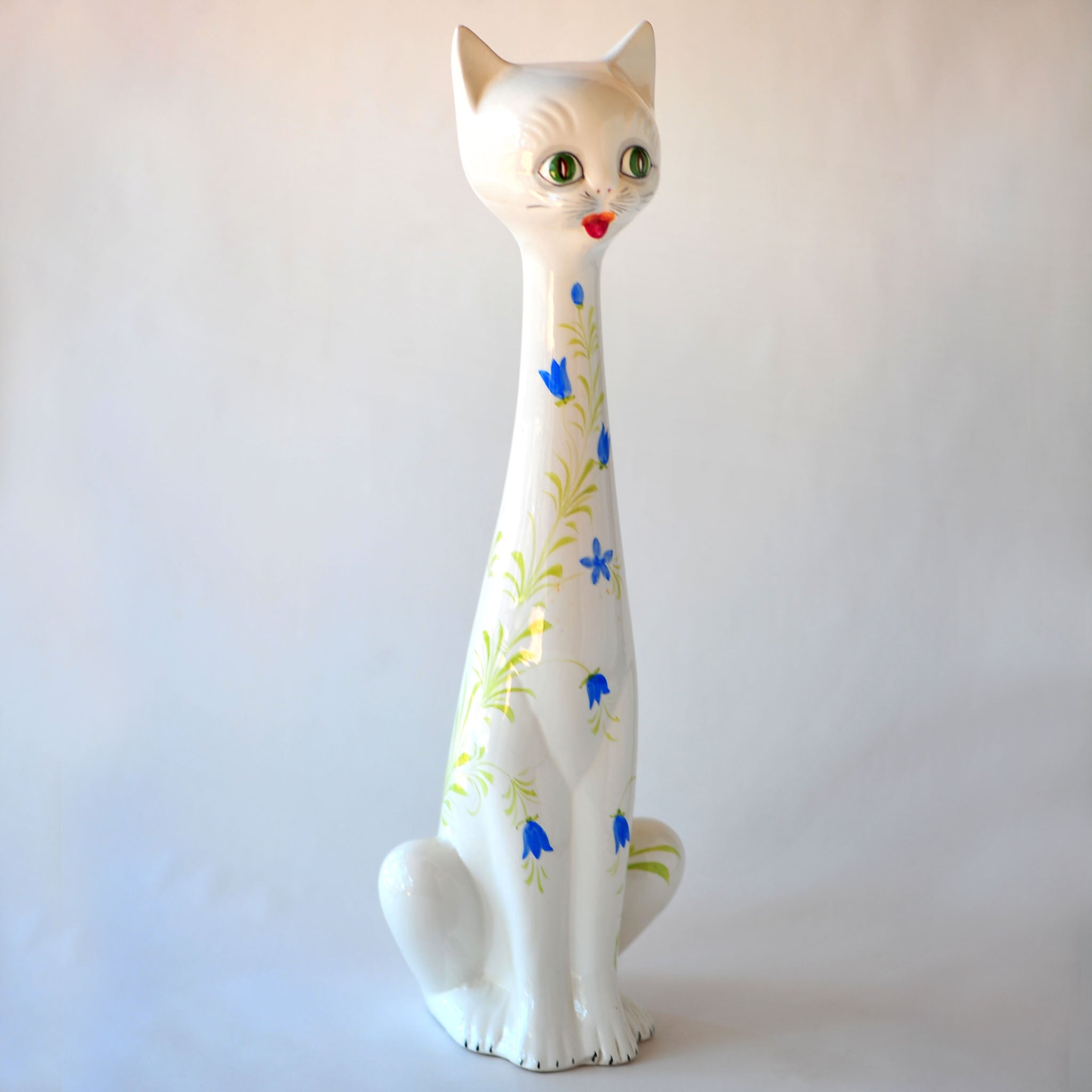 Tall Ceramic Cat Figurine — Bluebell Motif