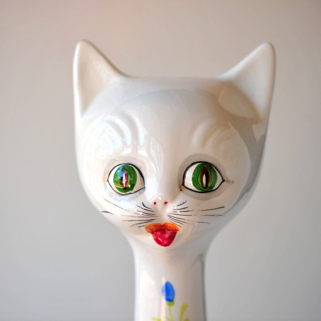 Tall Ceramic Cat Figurine — Bluebell Motif