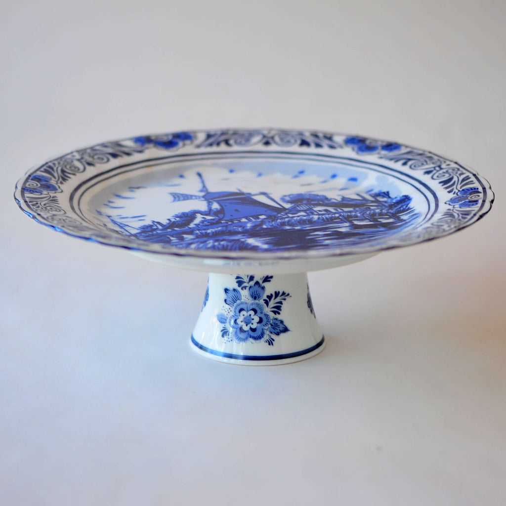 Delft Holland Pedestal Cake Stand — Windmill & Village Landscape