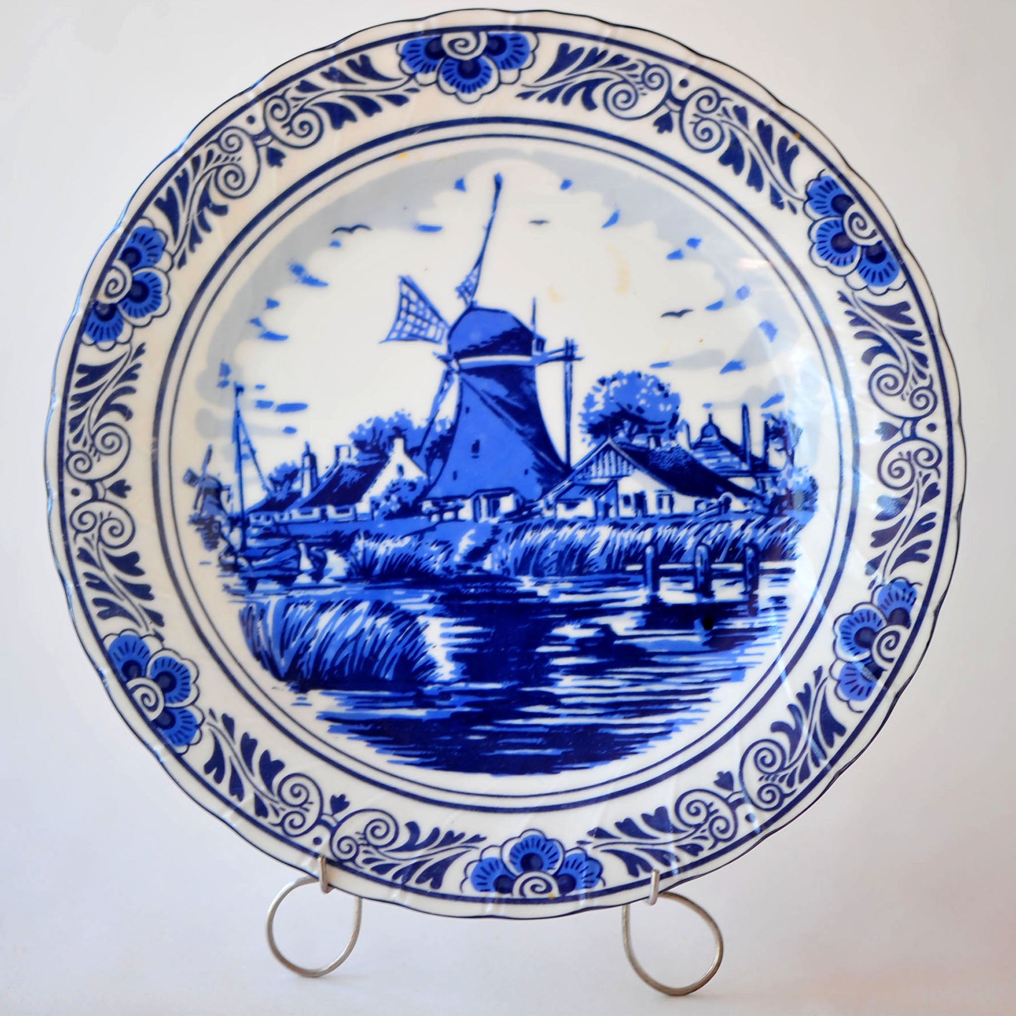 Delft Holland Pedestal Cake Stand — Windmill & Village Landscape