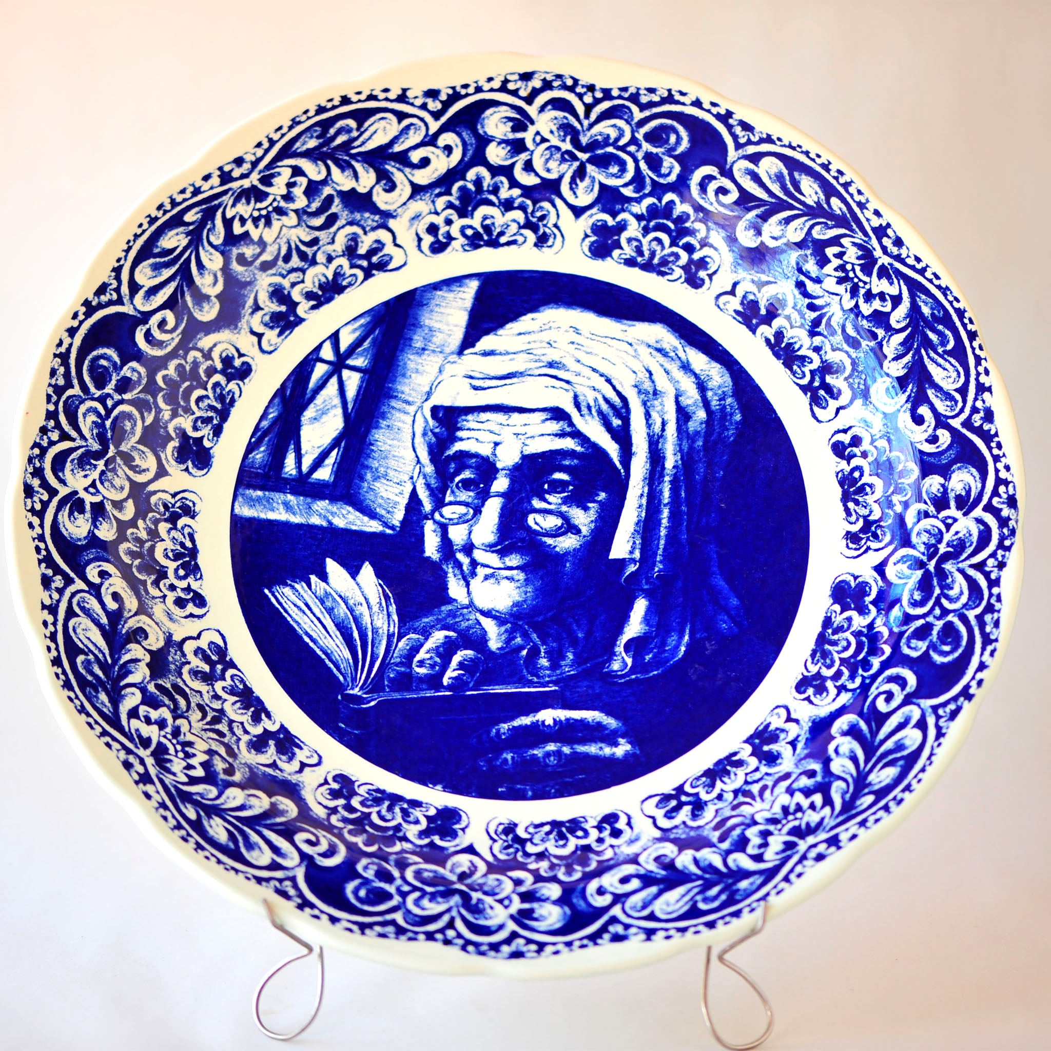 Boch Frères Belgium Large Cobalt Plate — Woman Reading by Window