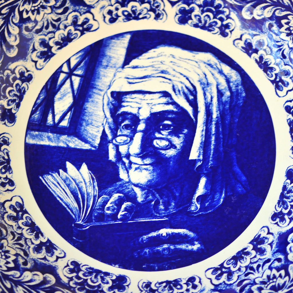 Boch Frères Belgium Large Cobalt Plate — Woman Reading by Window