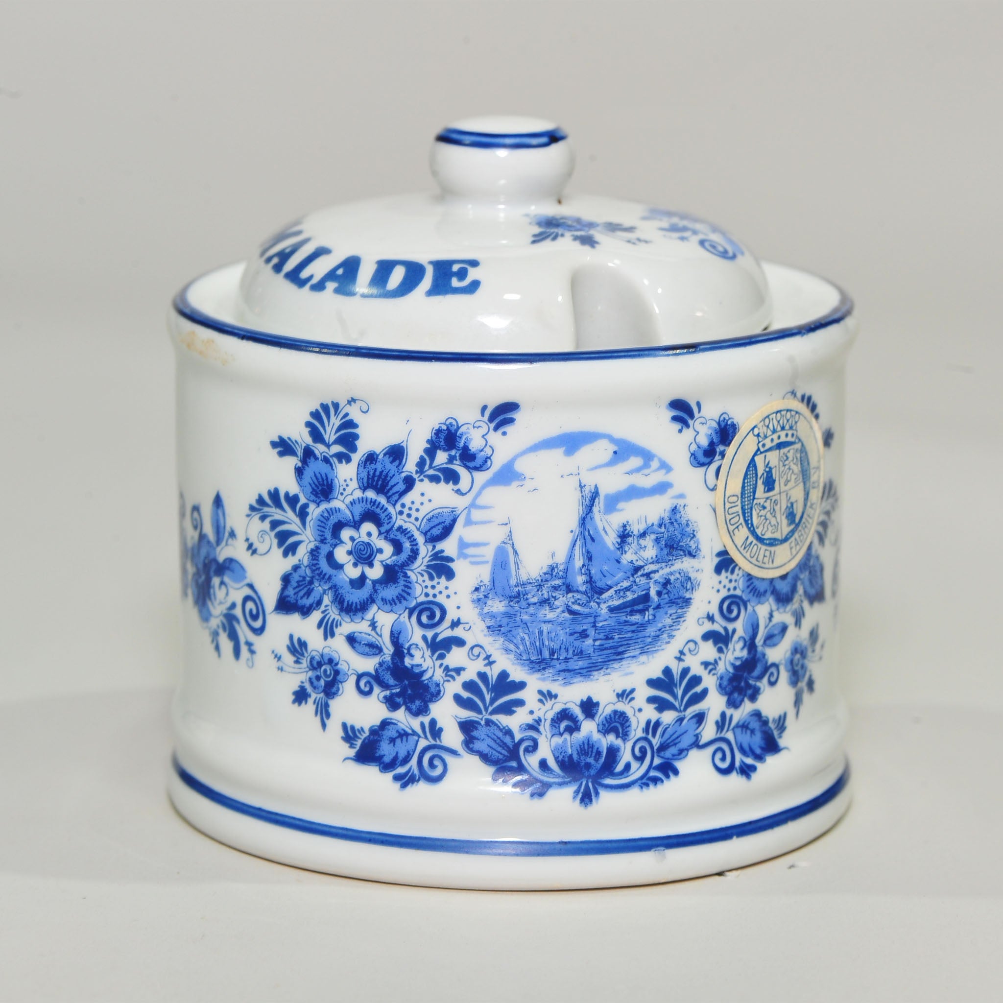 Delft Blauw "Marmalade" Lidded Preserve Pot — Oude Molen Fabriek, Sailboat Harbour Scene, 10cm