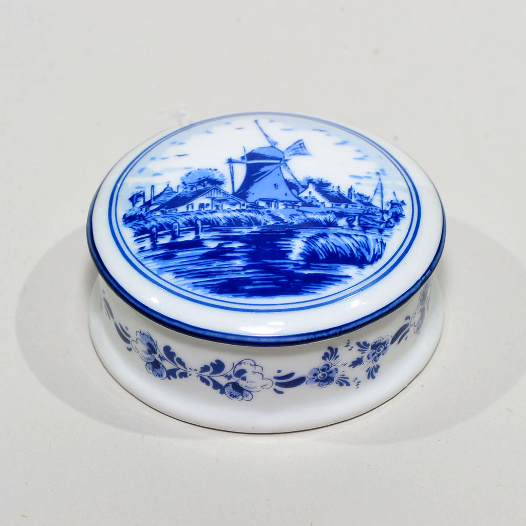 Delft Blauw Round Lidded Trinket Box — Windmill Canal Scene, 7.5cm