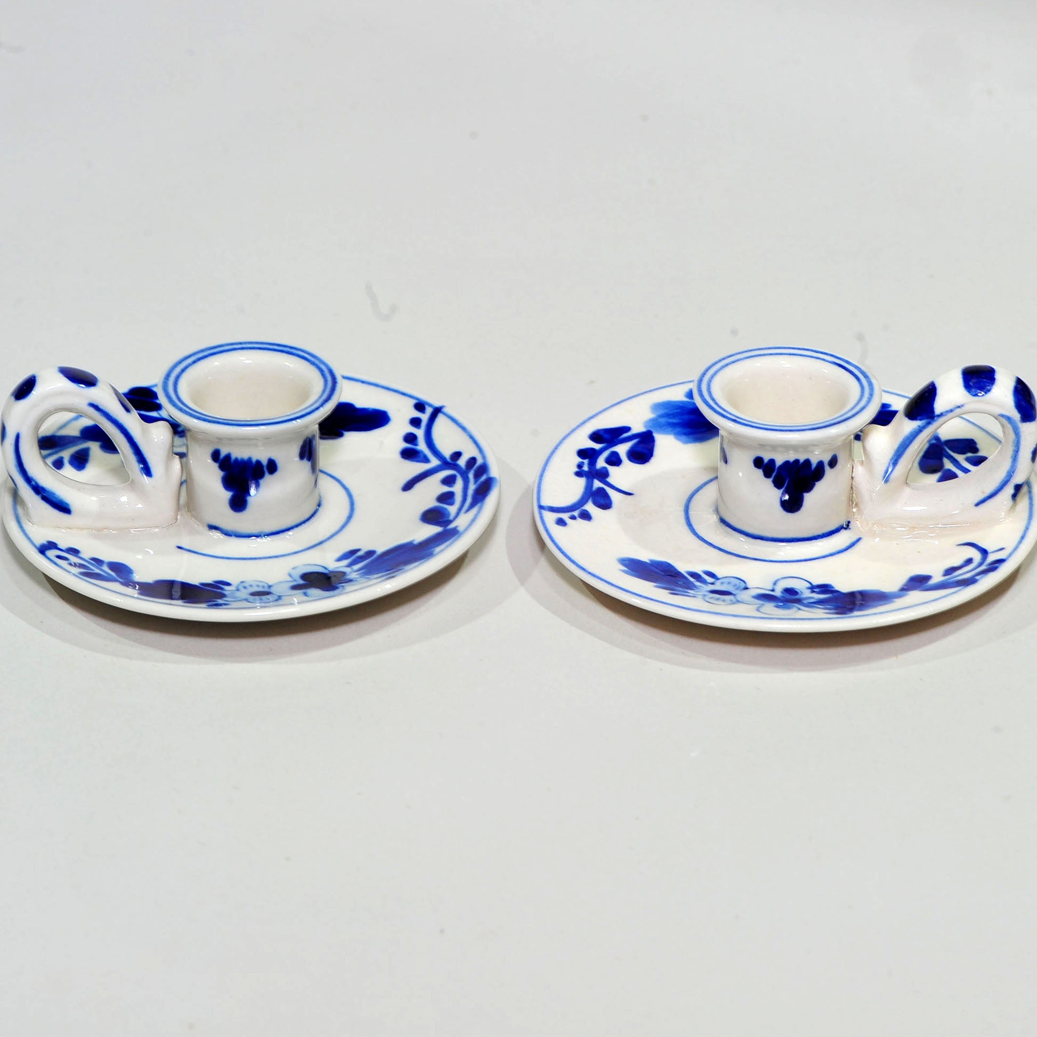 Pair of Delft Blue Chamber Candlesticks — Hand-Painted, Windmill Mark, Holland, 10.5cm