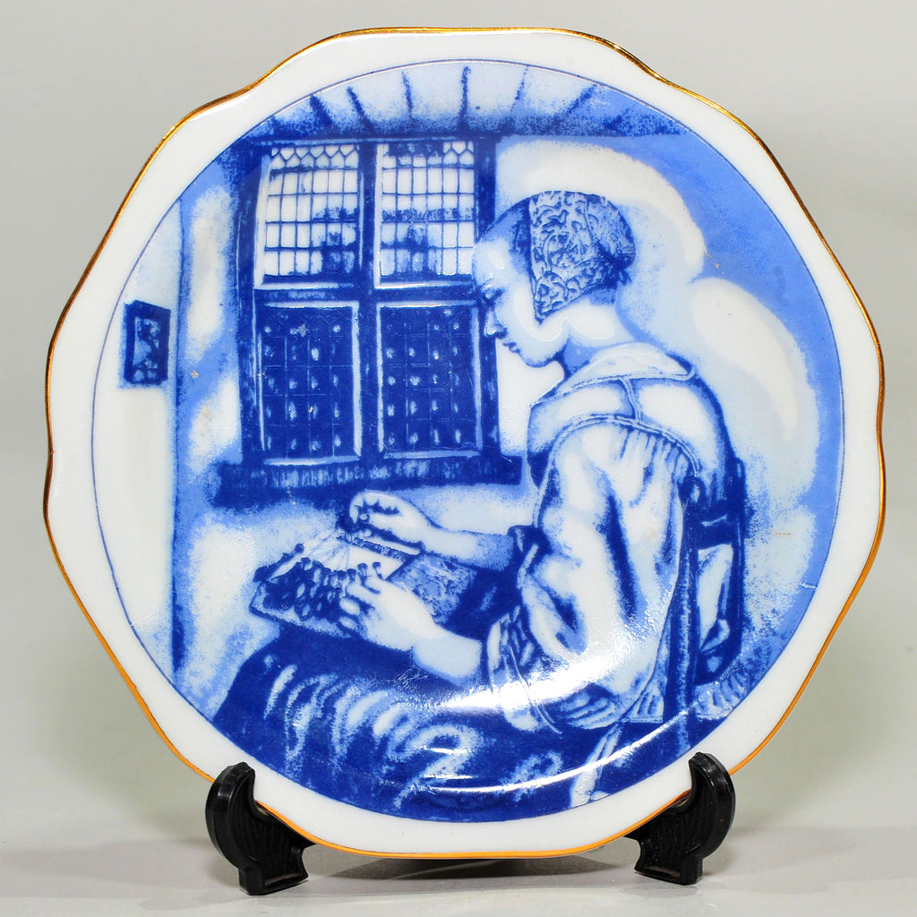 Set of 4 Blue & White Miniature Plates — Dutch Golden Age Genre Scenes (after Vermeer), Oude Molen Fabriek, 13cm