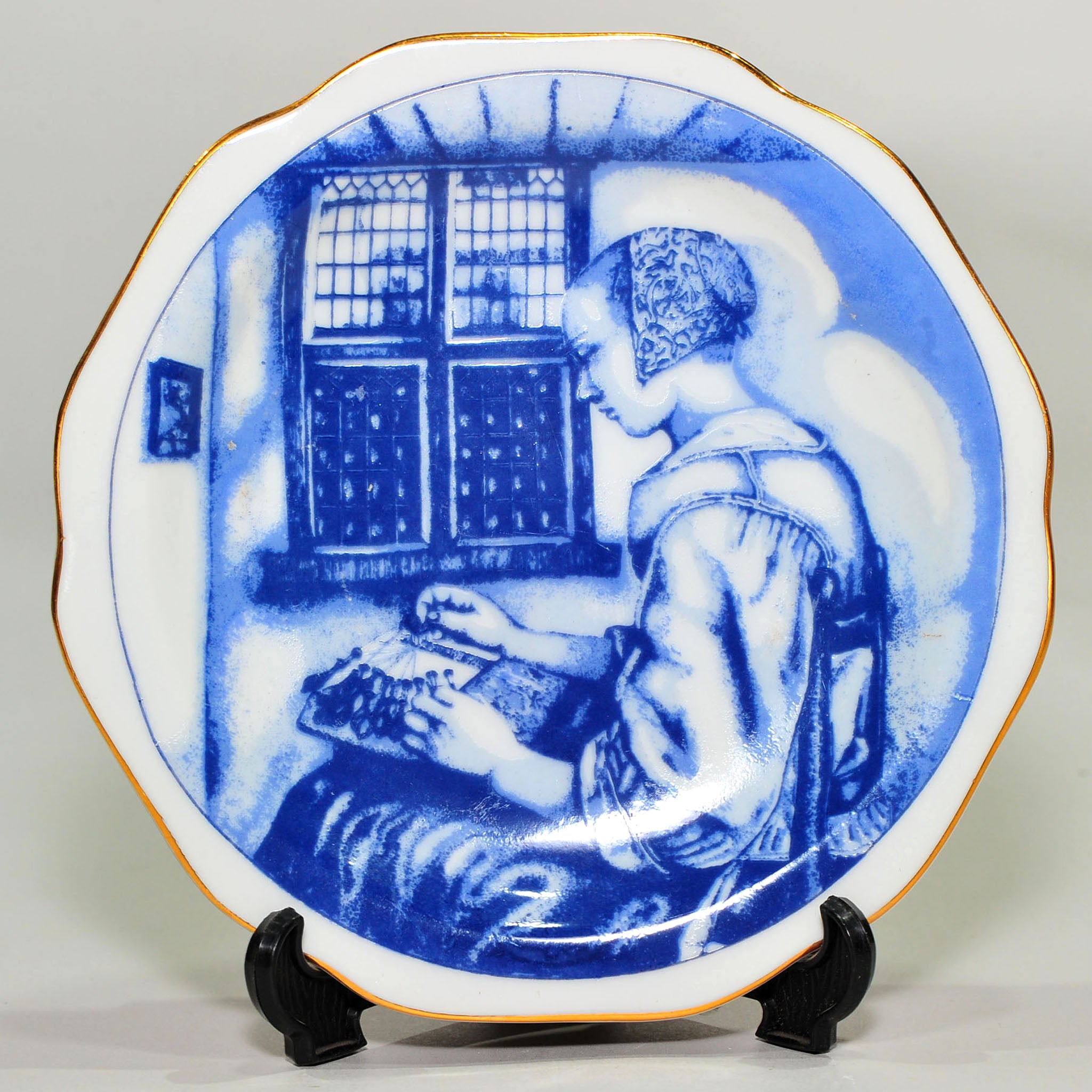 Set of 4 Blue & White Miniature Plates — Dutch Golden Age Genre Scenes (after Vermeer), Oude Molen Fabriek, 13cm