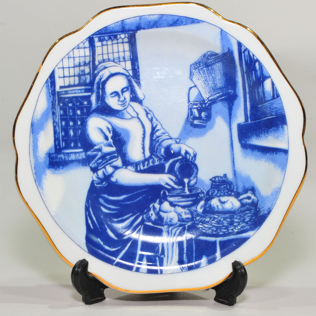 Set of 4 Blue & White Miniature Plates — Dutch Golden Age Genre Scenes (after Vermeer), Oude Molen Fabriek, 13cm