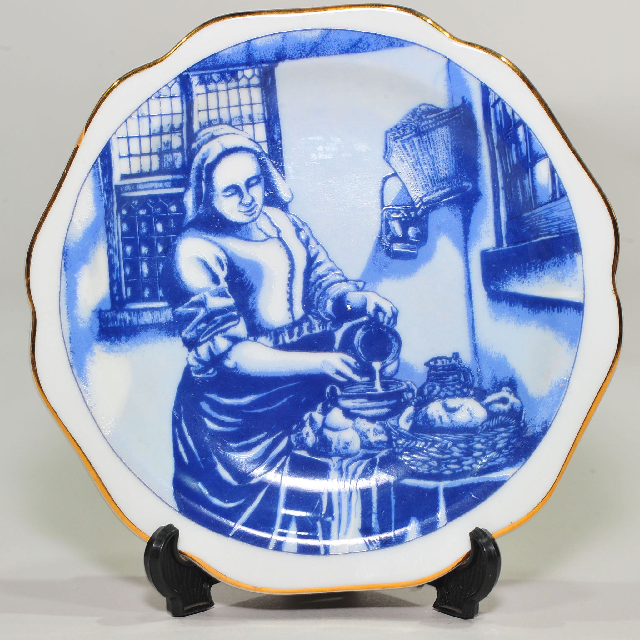 Set of 4 Blue & White Miniature Plates — Dutch Golden Age Genre Scenes (after Vermeer), Oude Molen Fabriek, 13cm