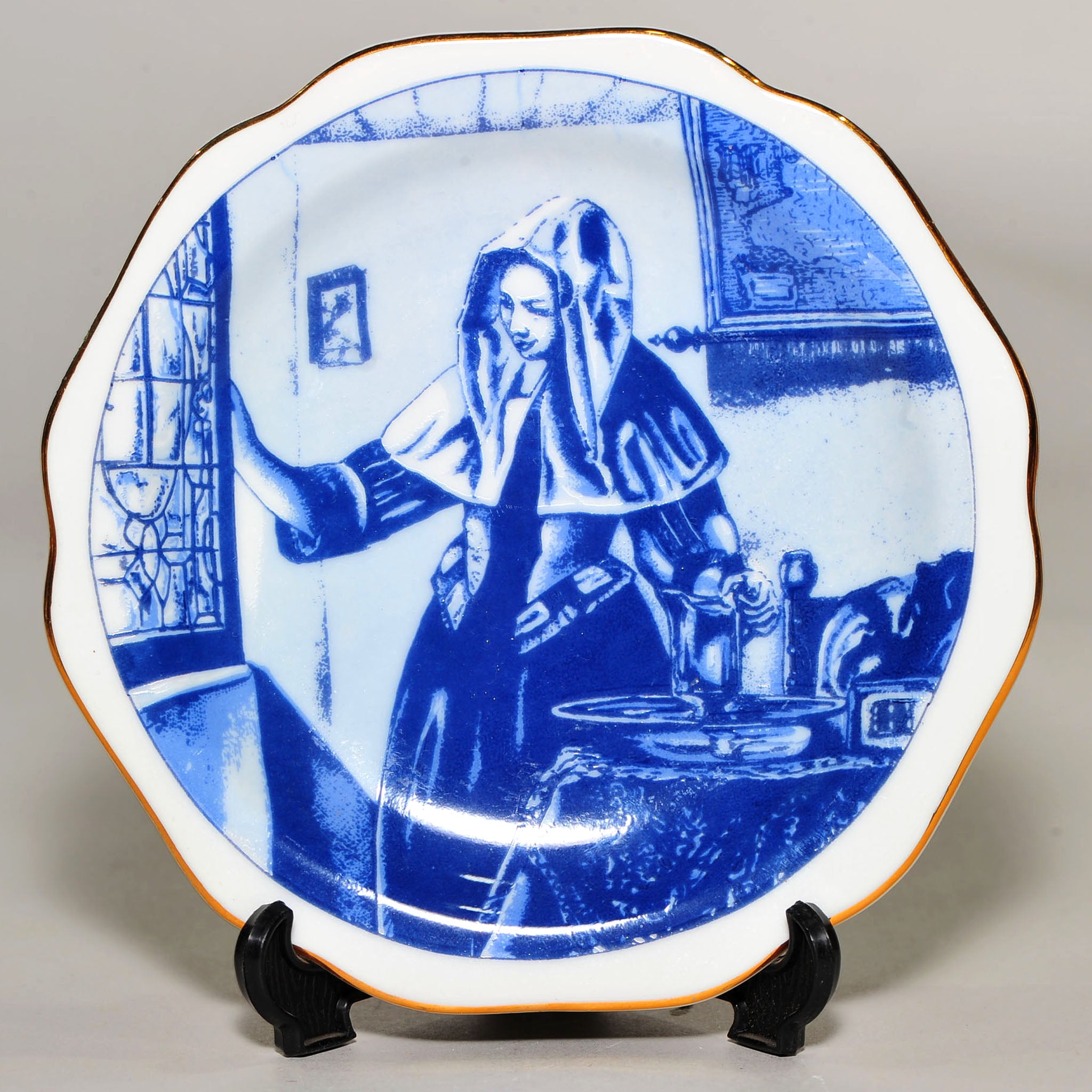 Set of 4 Blue & White Miniature Plates — Dutch Golden Age Genre Scenes (after Vermeer), Oude Molen Fabriek, 13cm