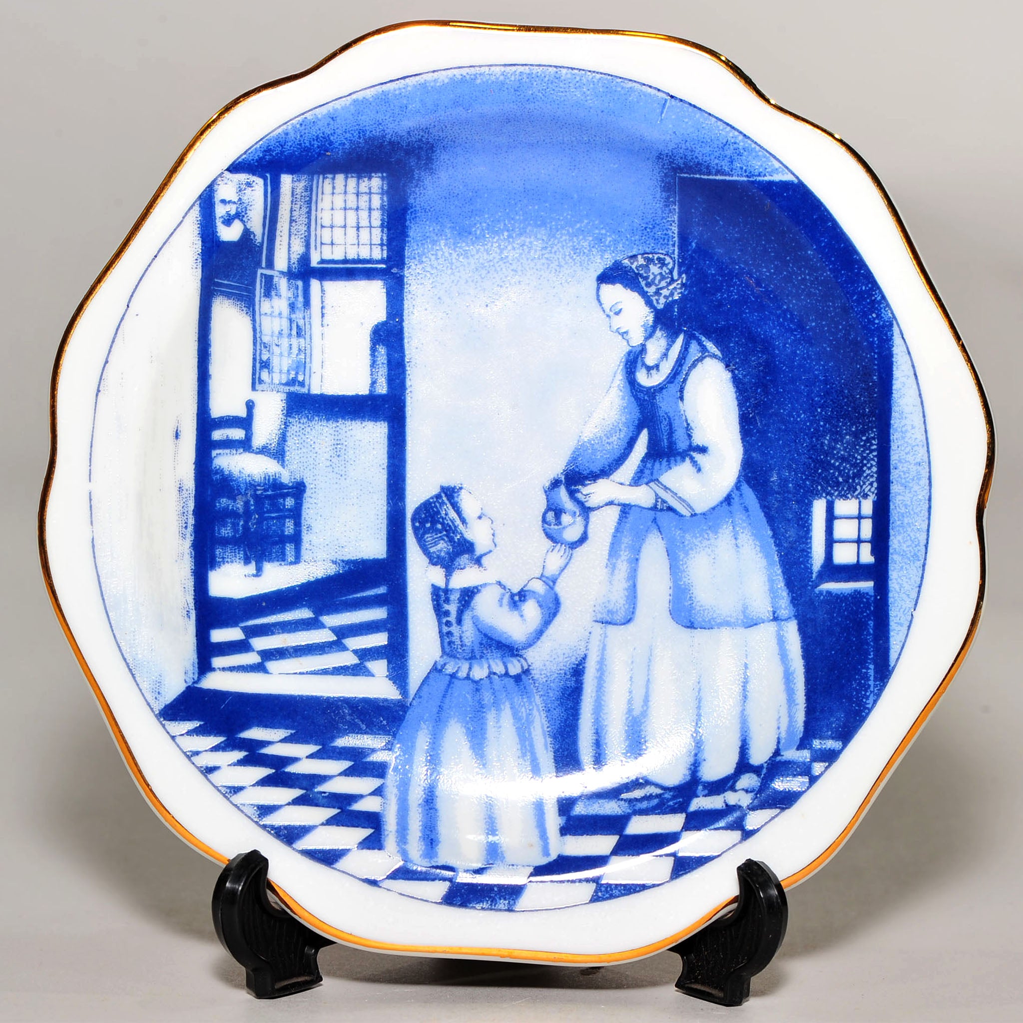 Set of 4 Blue & White Miniature Plates — Dutch Golden Age Genre Scenes (after Vermeer), Oude Molen Fabriek, 13cm