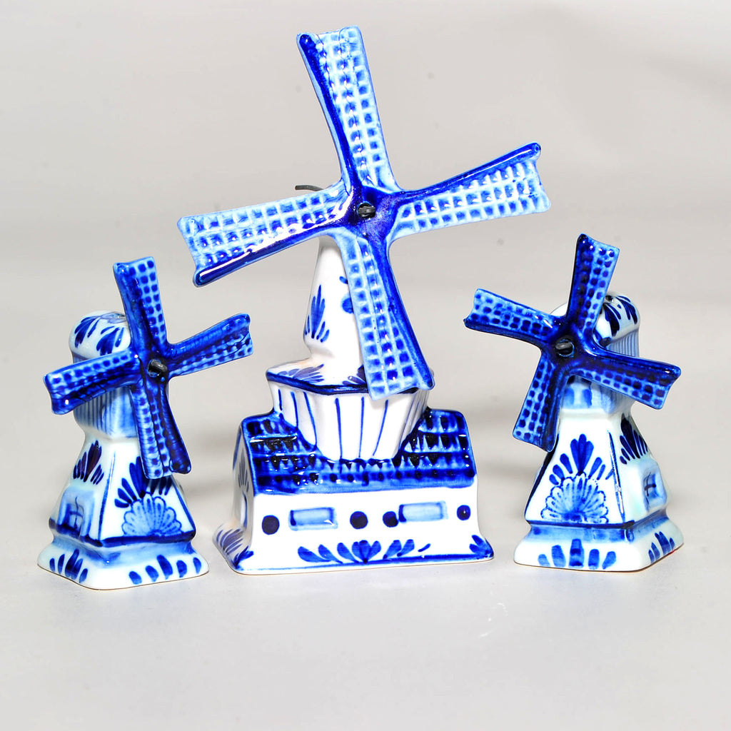 Set of 3 Blue & White Windmill Figurines — Hand-Painted, Rotating Sails, Largest 10.5cm