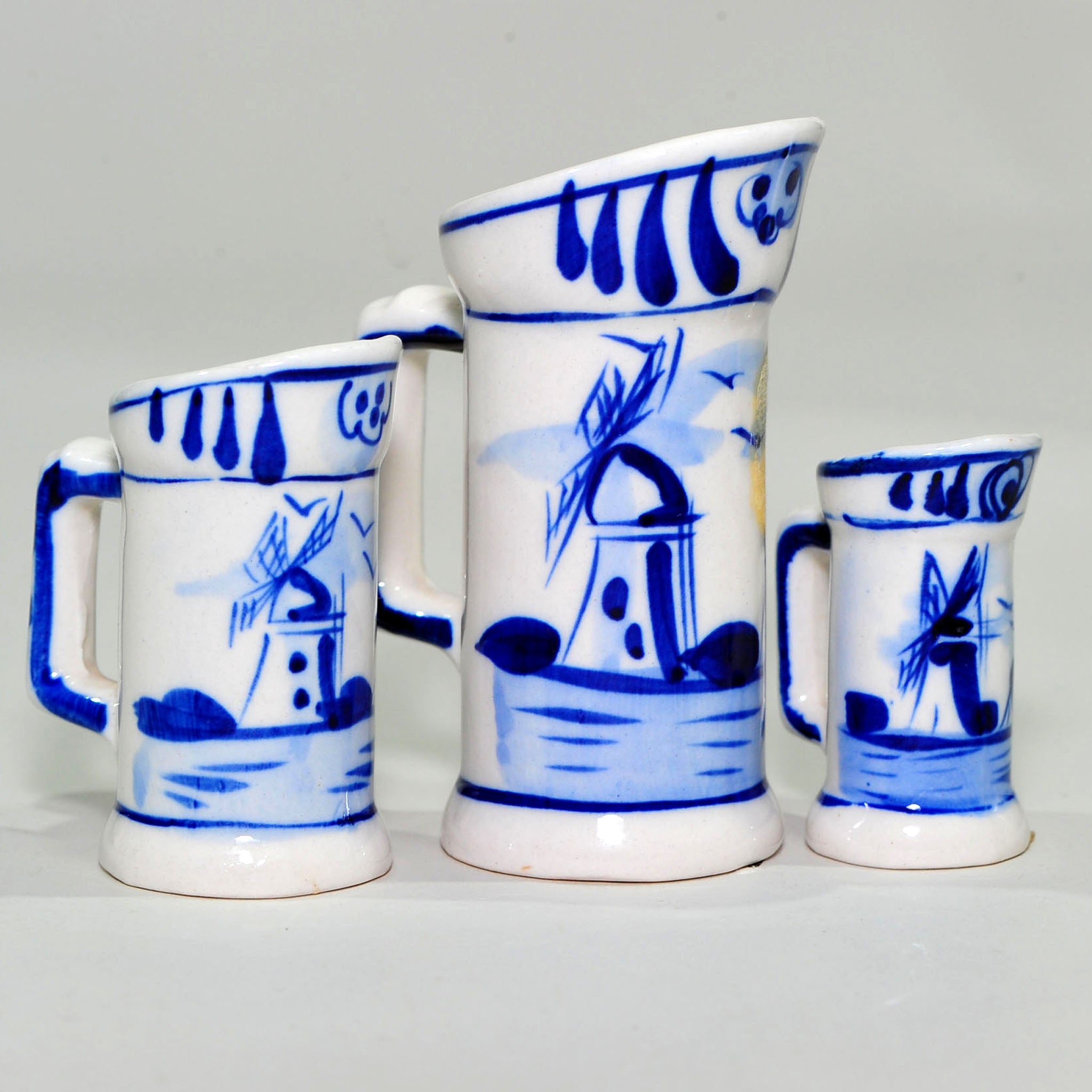 Graduated Set of 3 Blue & White Miniature Jugs — Hand-Painted Windmill Scene, Largest 9cm