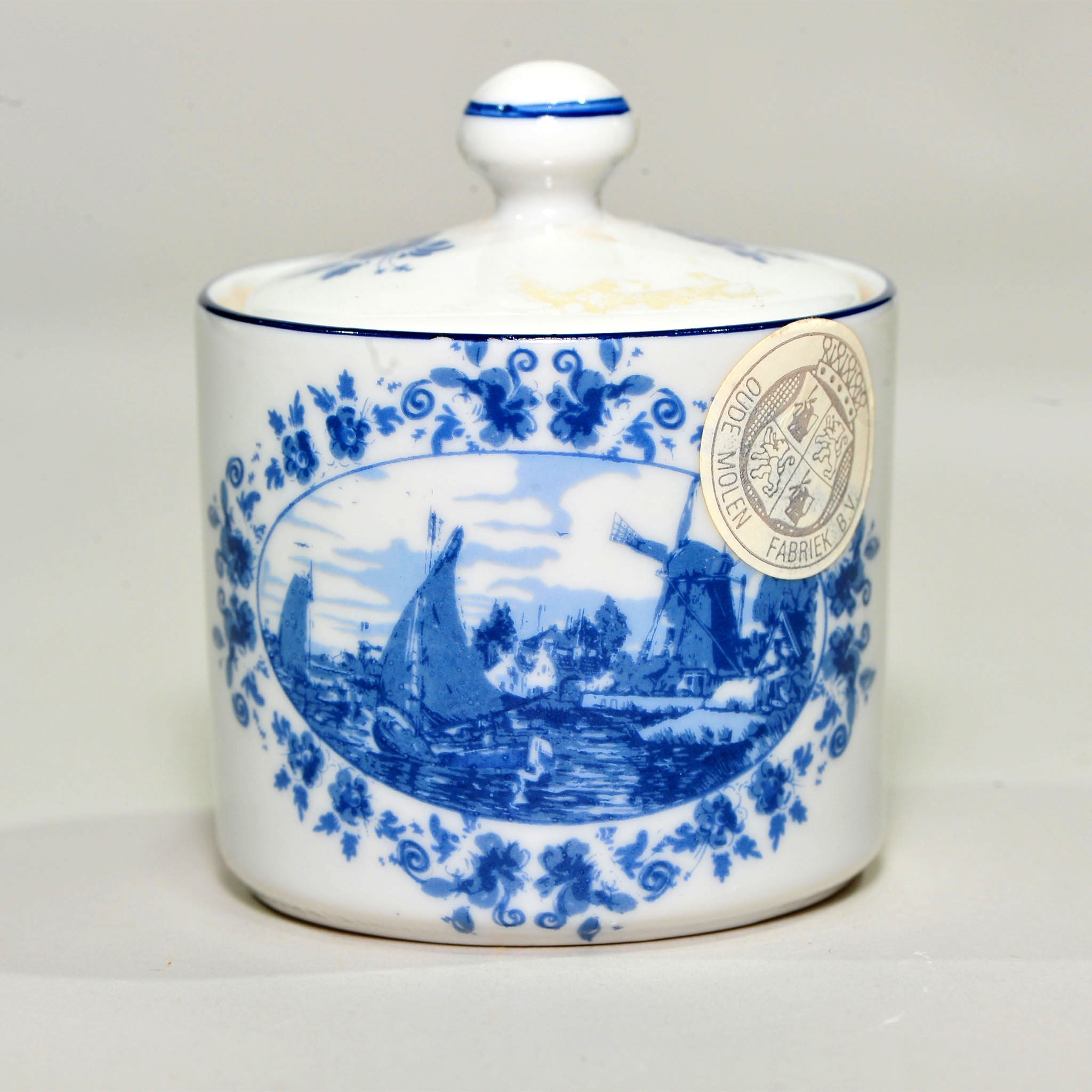 Blue & White Lidded Sugar Pot — Windmill Harbour Scene, Oude Molen Fabriek, 8.5cm