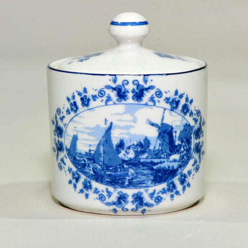 Blue & White Lidded Sugar Pot — Windmill Harbour Scene, Oude Molen Fabriek, 8.5cm