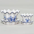 Pair of Scalloped Blue & White Planters with Saucers — Fluted Floral Design, Graduated Sizes