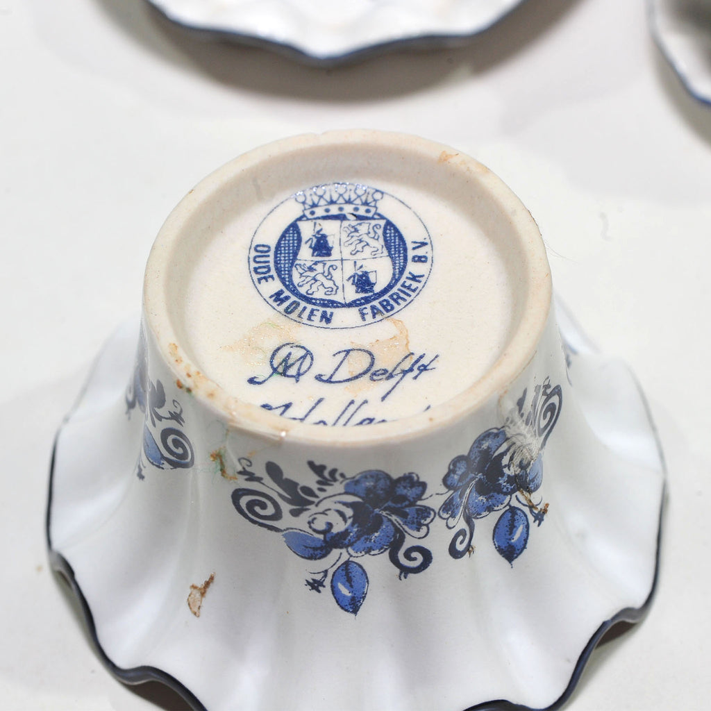 Pair of Scalloped Blue & White Planters with Saucers — Fluted Floral Design, Graduated Sizes