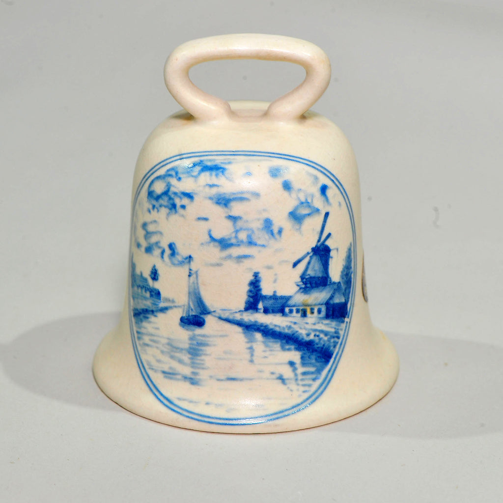 Blue & White Ceramic Bell — Windmill & Harbour Scene, Crescent Potteries, 9cm