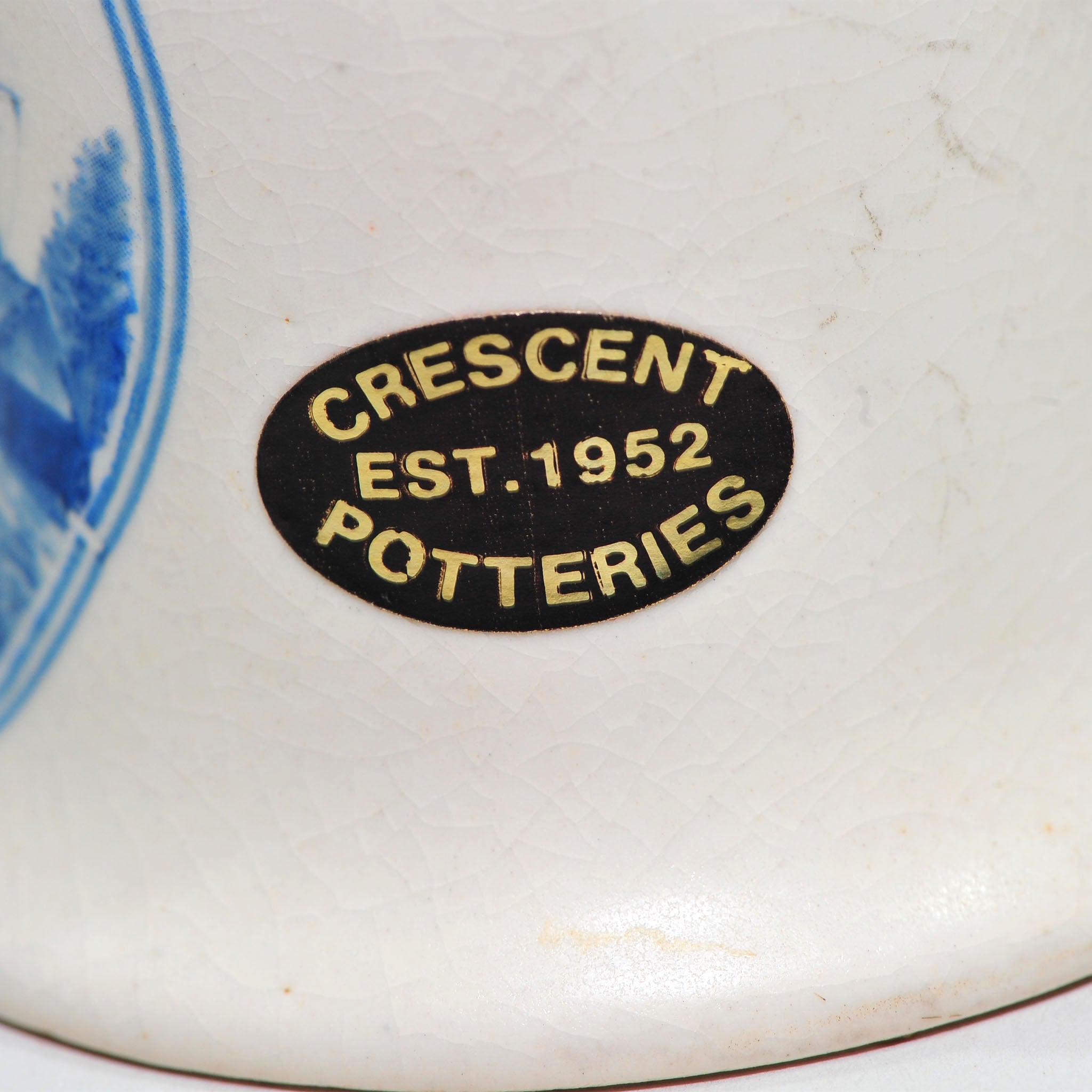 Blue & White Ceramic Bell — Windmill & Harbour Scene, Crescent Potteries, 9cm