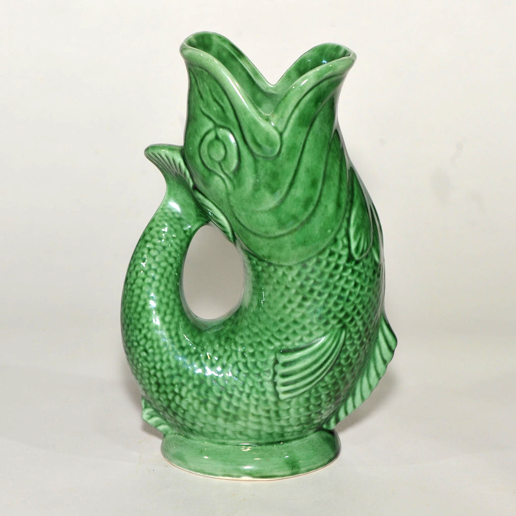 Dartmouth Pottery Green Fish Gurgle Jug — 26cm, Made in Dartmouth, Devon, Vintage
