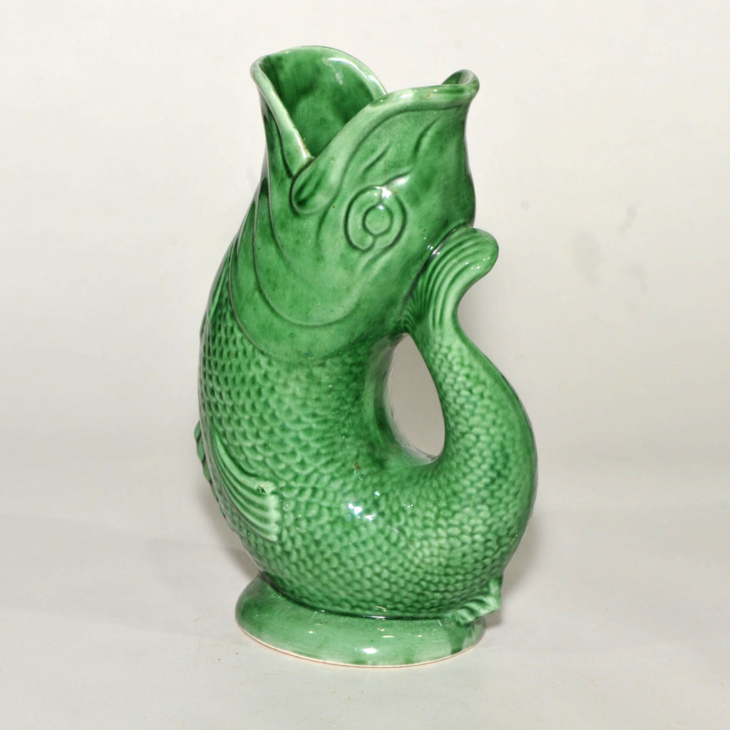 Dartmouth Pottery Green Fish Gurgle Jug — 26cm, Made in Dartmouth, Devon, Vintage