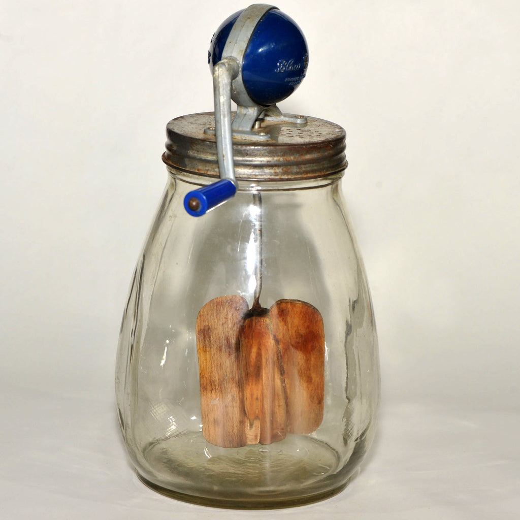 Blow Butter Churn — Vintage English Glass Jar with Blue Gear Housing & Wooden Paddles, c.1940s, 38cm