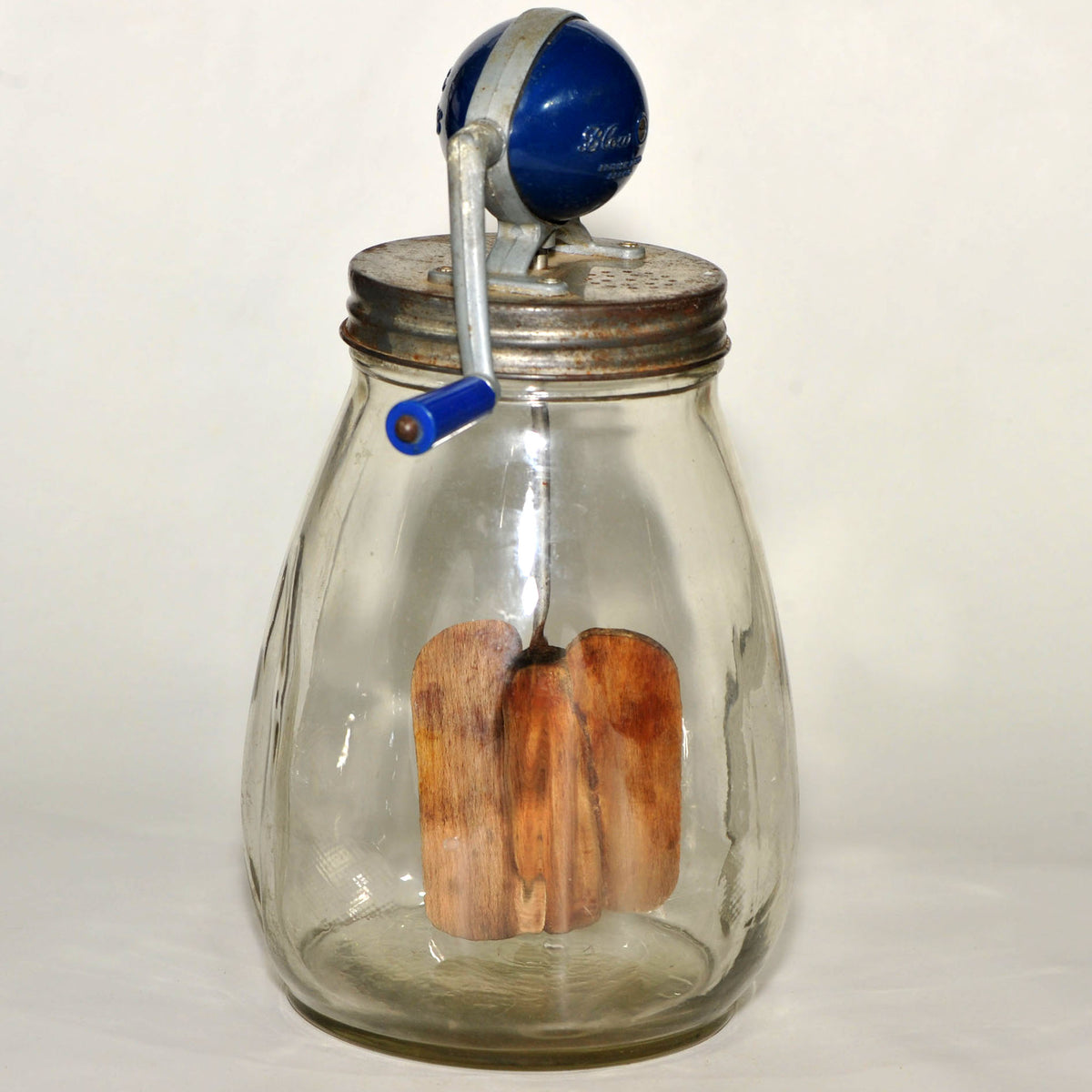 Blow Butter Churn — Vintage English Glass Jar with Blue Gear Housing & Wooden Paddles, c.1940s, 38cm