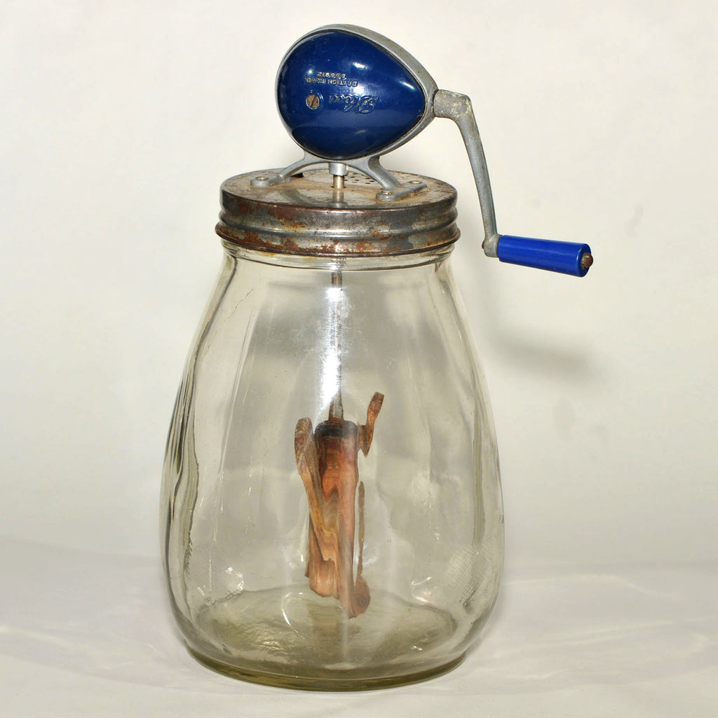Blow Butter Churn — Vintage English Glass Jar with Blue Gear Housing & Wooden Paddles, c.1940s, 38cm